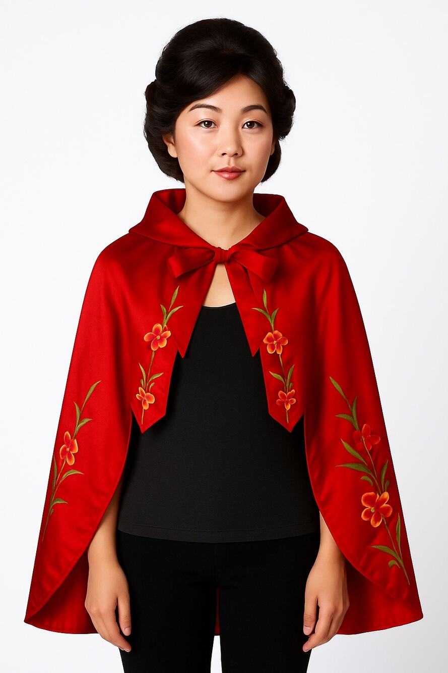 Vintage Red Silk Embroidered Padded Cape with Floral Satin Stitch Detail small
